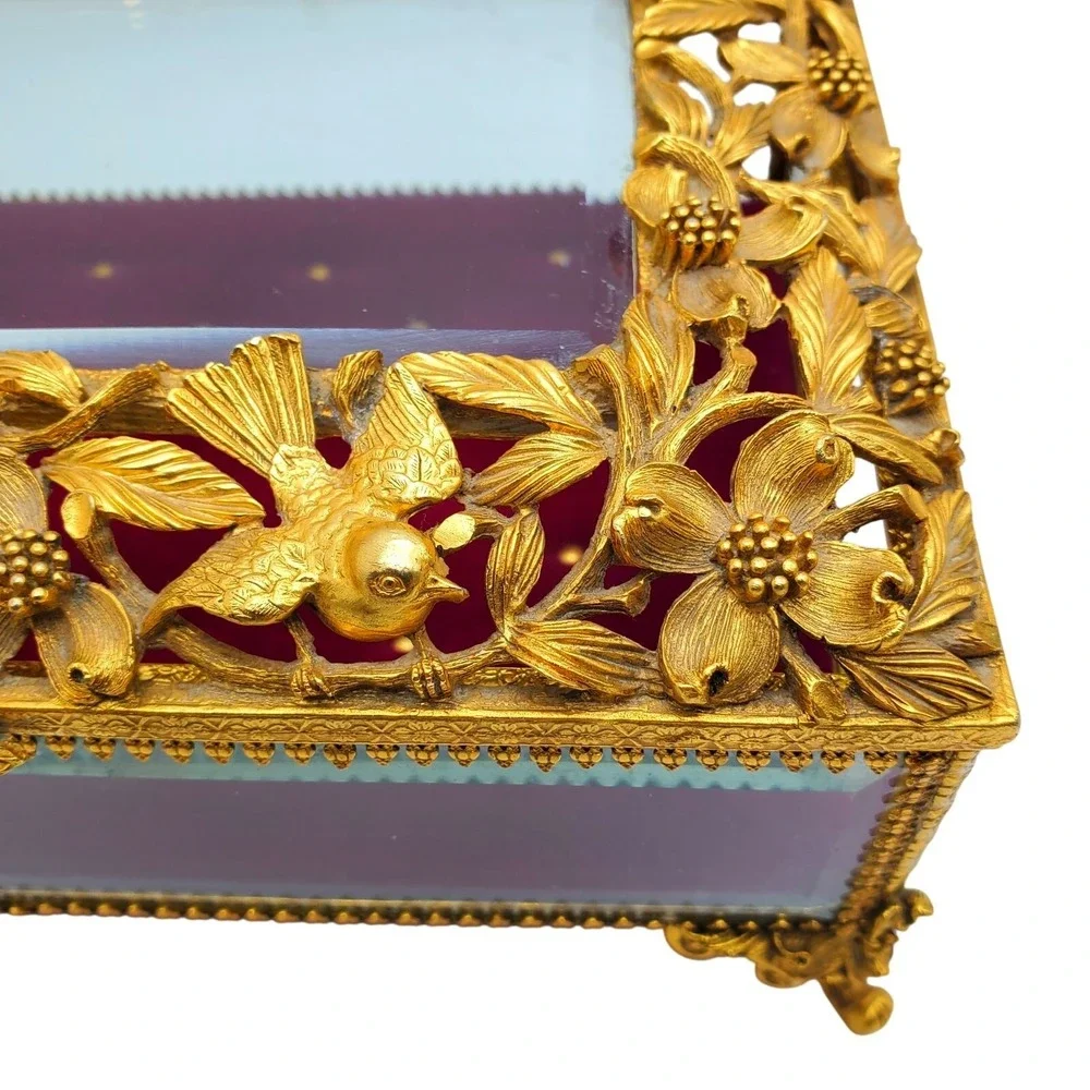 Matson Ormolu Jewelry Dogwood Casket Box Dresser Vanity Case Gilt Footed Trinket
